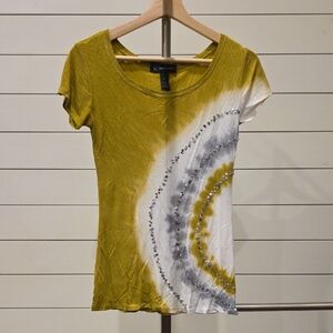 Westbound Yellow and White Tie-Dye Scoop Neck Tee with Sequin Detail